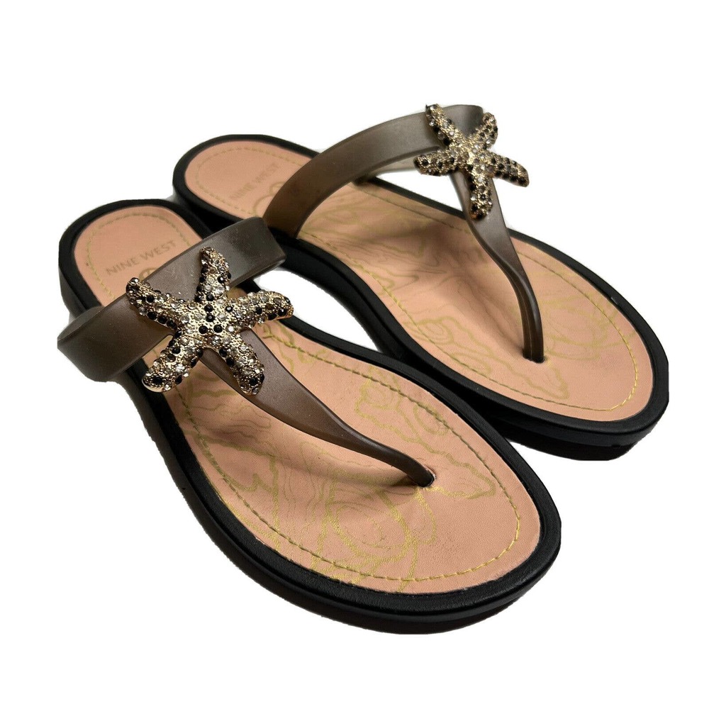 Nine West Starfish Thong Sandals Womens Size 9 Nancita Flip Flop Brown Gold